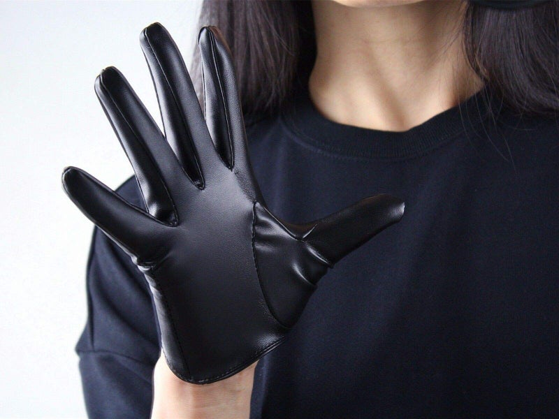 DooWay Women's Short Leather Gloves 16CM Half Palm Faux Lambskin PU for Evening Fashion Costume Car Motor Driving (Black) - Image 4
